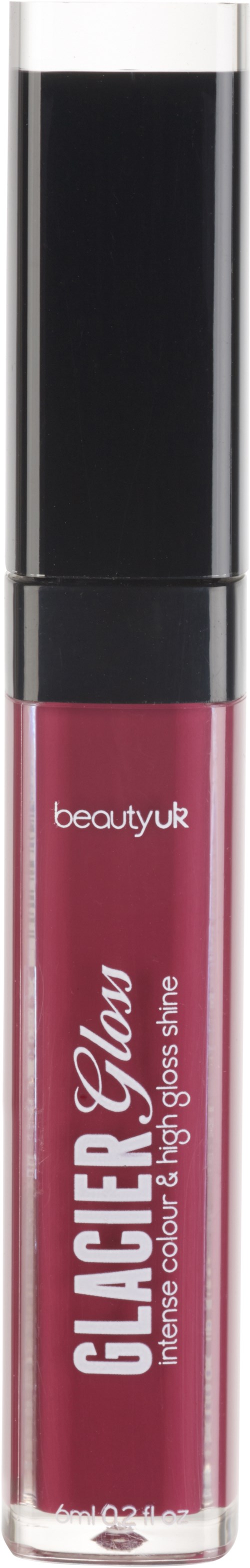 Ein Lipgloss-Röhrchen mit pink-roter Farbe und schwarzem Deckel, beschriftet 'GEL ACRER' und 'beautyuk'.