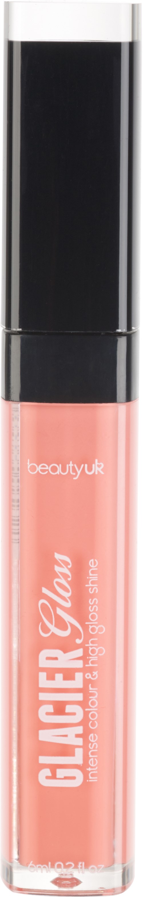 A lip gloss tube with a black cap and pink liquid inside. The label says 'GLACIER Glow' and 'beautykur.'