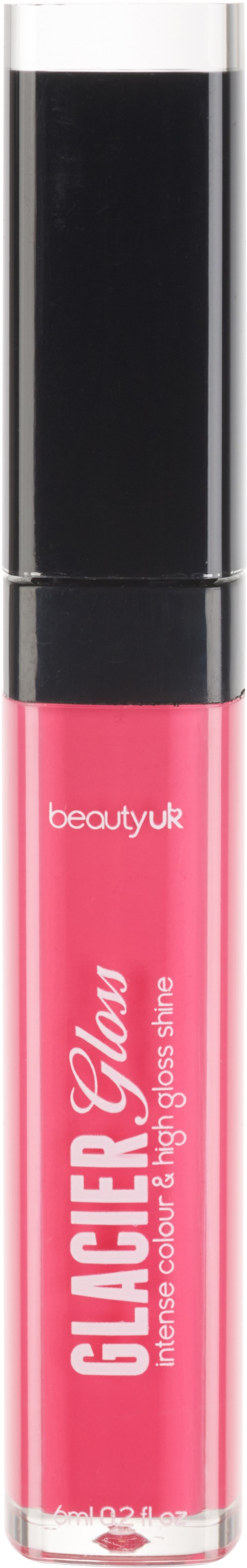Ein pinkfarbener Glanzlippenstift mit schwarzem Verschluss und weißen Text "GLOSS GLACIER."