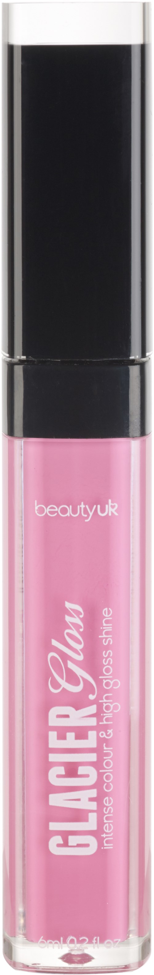 A pink lip gloss with a black cap, labeled 'BLACKER GLOSS' and 'beautyuk'.