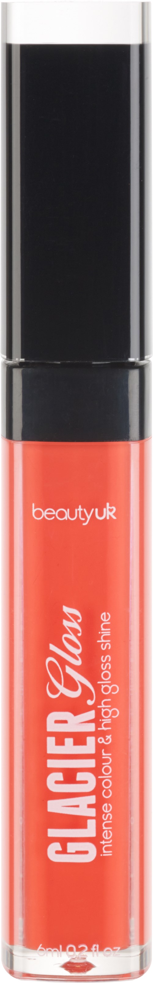 Ein Lipgloss-Rohr mit schwarzem Deckel und orangefarbenem Körper, beschriftet mit 'GLOSSIER' und 'CLARIFIQUE' von beautyuk.