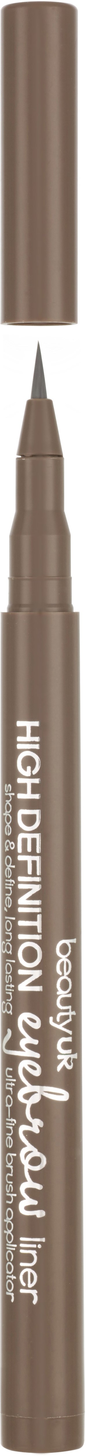 Een bruine eyeliner stift met dop, gelabeld "High Definition" en "Eyeliner" in witte tekst.