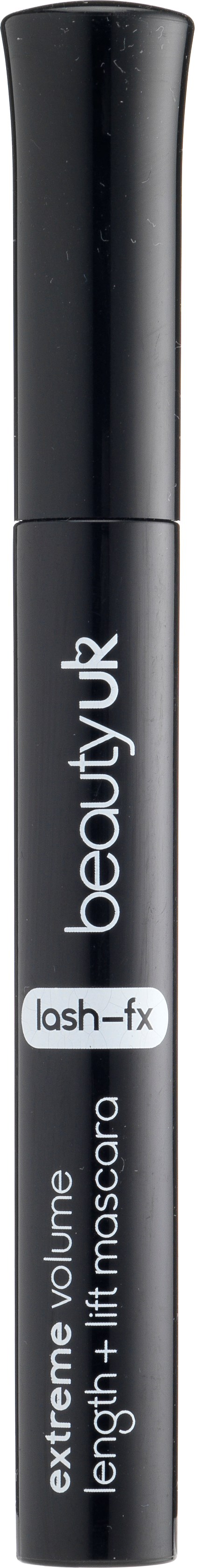 En svart mascara-rör med vit och grå text, märkt 'beautyUK' och 'lash-fx', för tjocka, långa fransar.