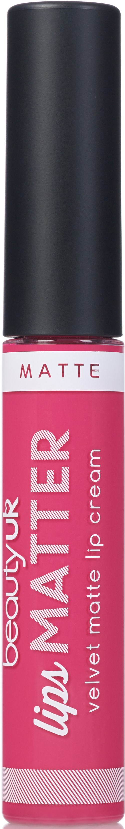 Eine rosa Tube mit Lippencreme, schwarzer Deckel, beschriftet als Velvet Matte Lip Cream, matter Finish.