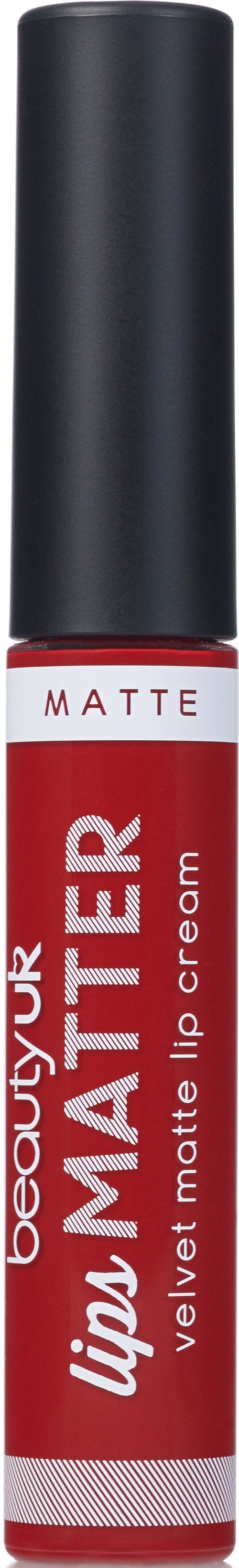 Ein roter Lippenstiftstift mit schwarzem Deckel, beschriftet "Velvet matte lip cream."