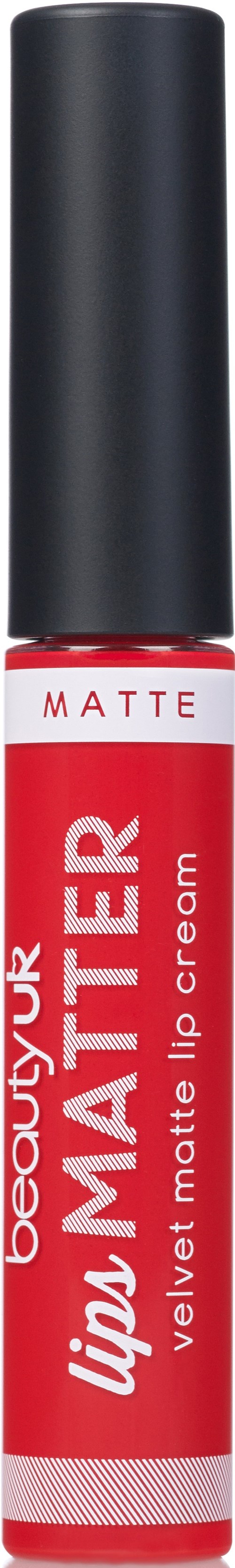Ein roter Lippenstift mit schwarzem Deckel und weißen Text, gekennzeichnet "Lip It Up Matte".