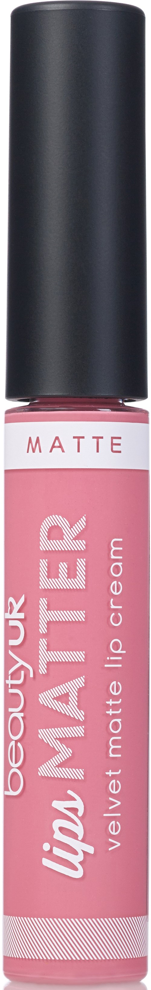 Lippencremetube mit schwarzem Deckel, rosa Etikett und weißem Text, der 'belongs to your lips' und 'matte' mit mattem Finish sagt.