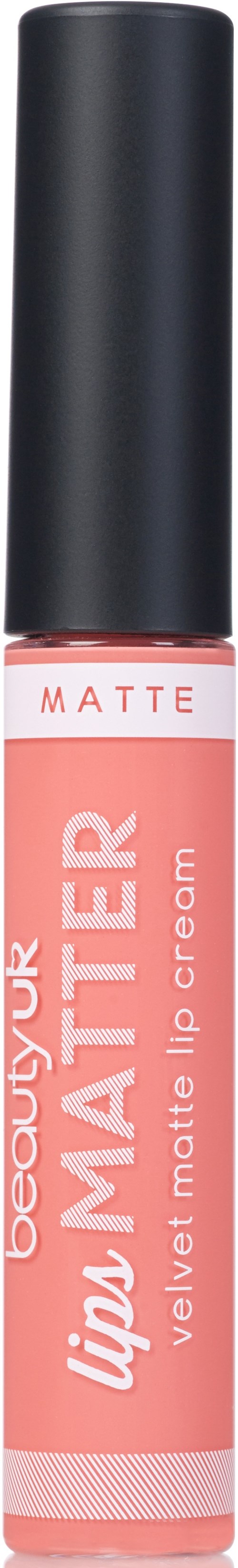 A pink lip cream with a black cap, labeled as velvet matte. It is a cosmetic product for lips.