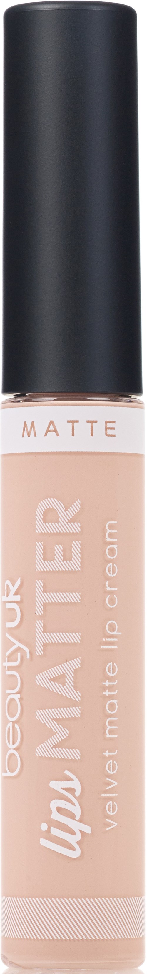 Ein Lippencremetube mit schwarzem Deckel, beiger Farbe, mit den Worten "velvet matte" und "lip cream".