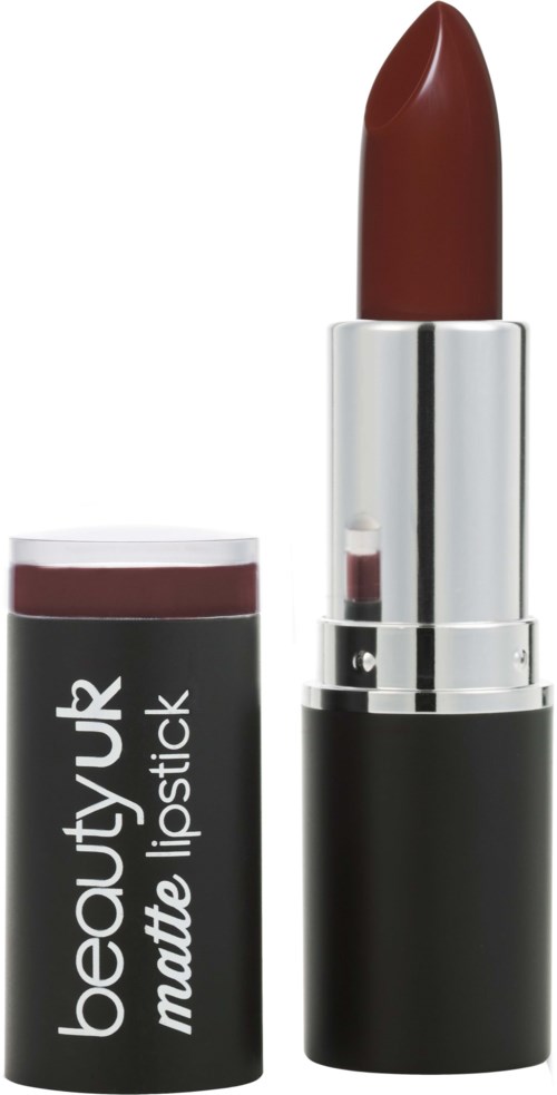 Ett brunt läppstift med silver- och svart behållare, öppen och visar läppstiftet. Behållaren har texten 'Beauty UK matte lipstick'.