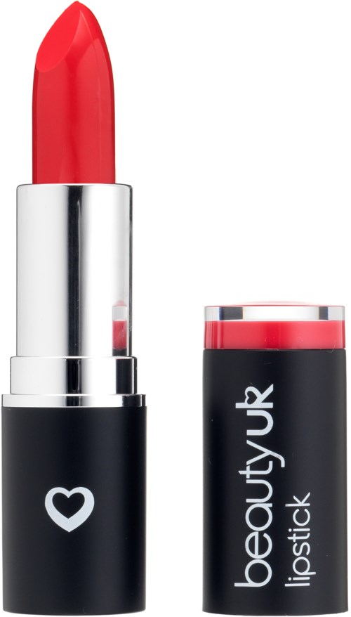 Röd läppstift i svart och silver förpackning med en hjärtlogo, märkt 'beautyUK lipstick'.