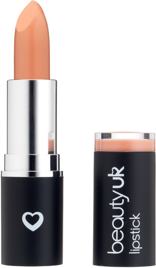 En nudefärgad läppstift med svart förpackning, med ett vitt hjärta och ordet 'beautyUK lipstick' på locket.