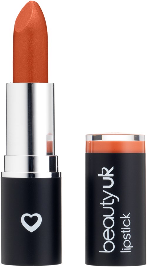 Ett läppstift i korallfärg i ett svart rör med ett vitt hjärta och text som säger 'beautyUK' och 'lipstick'.