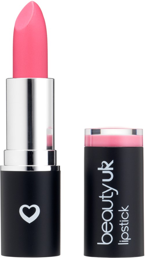 Ett rosa läppstift med ett vitt hjärta på den svarta tuben, och locket bredvid som säger 'beautyUK lipstick'.