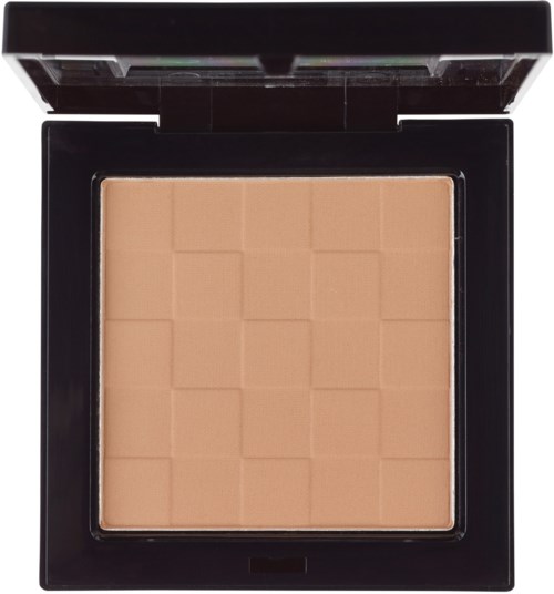 En kompakt makeuppalett med 16 små beige kvadrater för ansikte eller kinder.