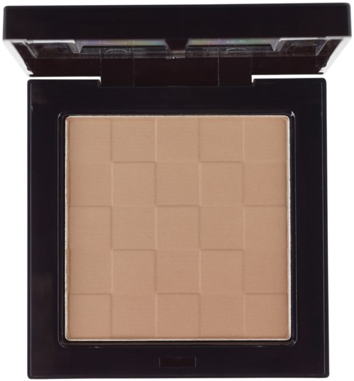 Ett stort beige puder med rutnätmönster i en svart kvadratisk kompakt förpackning.