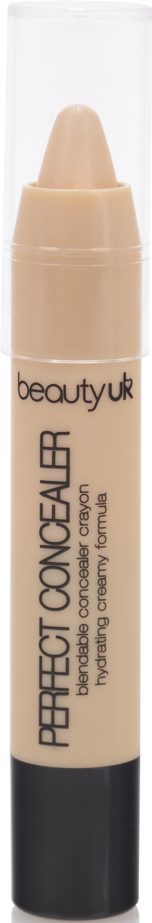 En beige concealer-sticka med svart botten, märkt "Perfect Concealer" av Beauty UK.