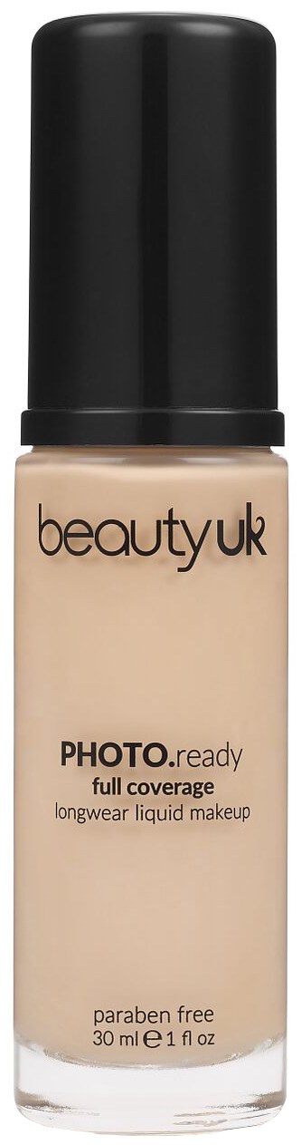 Eine Flasche Make-up-Grundlage mit schwarzem Deckel und beiger Flüssigkeit, beschriftet 'beautyuk PHOTO.ready'.