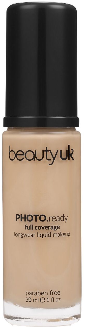 Eine Flasche Beautyuk Photo Ready Foundation mit voller Deckkraft, langanhaltend und parabenfrei.