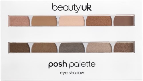 Kaksi riviä silmänvarjosteväritölaualla, jossa lukee 'posh palette' beauty uk:lta, sävyt vaaleasta tummaan.