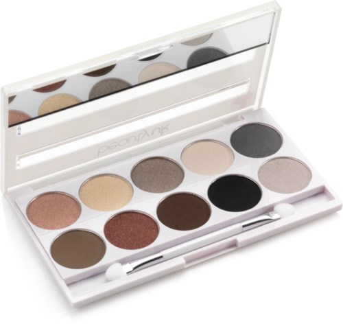 Valkoinen meikk palette, jossa on kaksitoista luomiväriä eri neutraaleissa ja tummissa sävyissä, sisältää peilin.