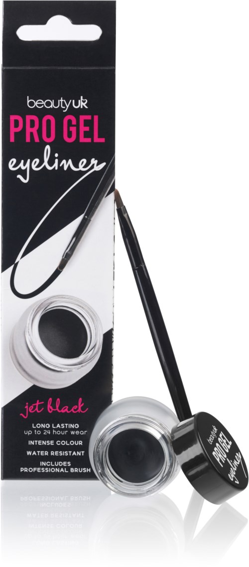 Zwarte gel-eyeliner met een klein kwastje. Verpakking toont een witte container en zwarte deksel, met productgegevens.