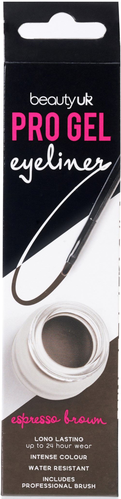 Lidschatten in Verpackung, beschriftet 'PRO GEL' und 'espresso brown,' mit feinem Pinsel. Für Augen-Make-up.