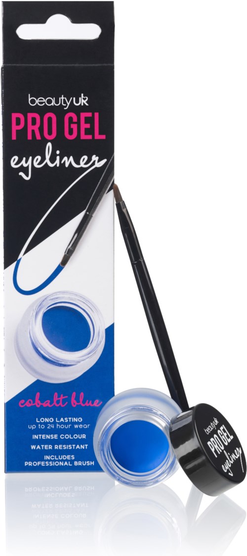 Eine schwarze Verpackung mit pinkem und weißem Text enthält einen blauen Gel-Eyeliner. Das Produkt umfasst einen Pinsel.