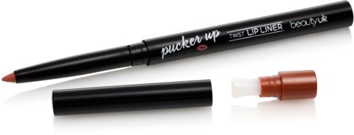 A black lip liner pencil with a cap, labeled 'pucker up', and a separate white tip remover.