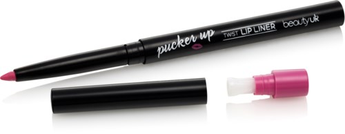 Ein schwarzer Lipliner mit pinkem Lippenstift, separatem Deckel und weißem Applikator. Der Lipliner trägt weißen Text.