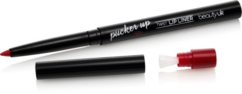 A black lip liner pencil with a red tip, label says 'pucker up' and 'TWSL Lip Liner'.