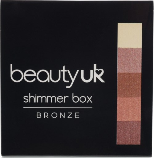 Een zwarte doos met 'beautyUK shimmer box BRONZE' en vijf tinten brons en beige.
