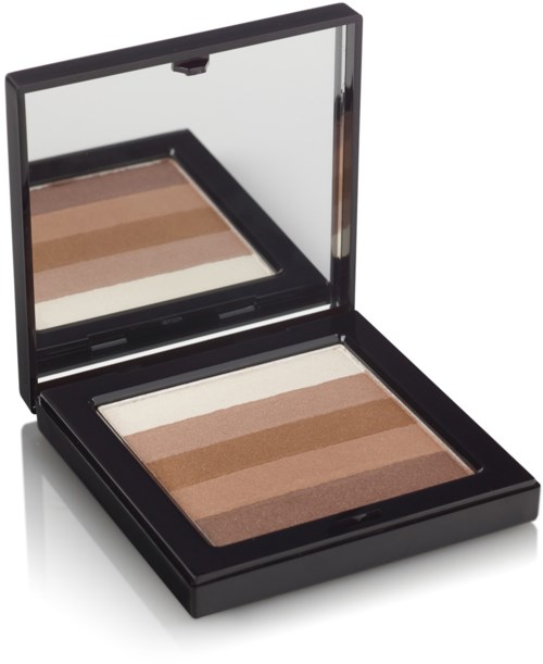 Een make-up-bronzerpalette met vier tinten en een spiegel in een zwart doosje.