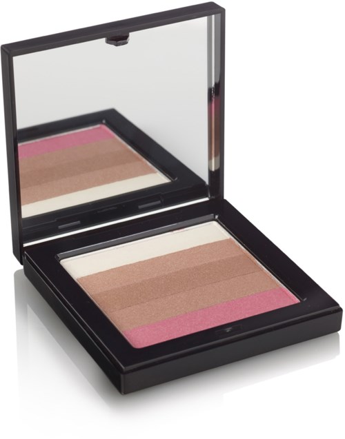 En makeuppalett med rosa, beige och bruna nyanser i ett svart case med spegel.