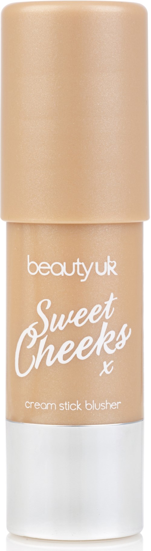 A beige cosmetic stick with a white bottom, labeled 'Beauty UK Sweet Cheeks' cream stick blusher.