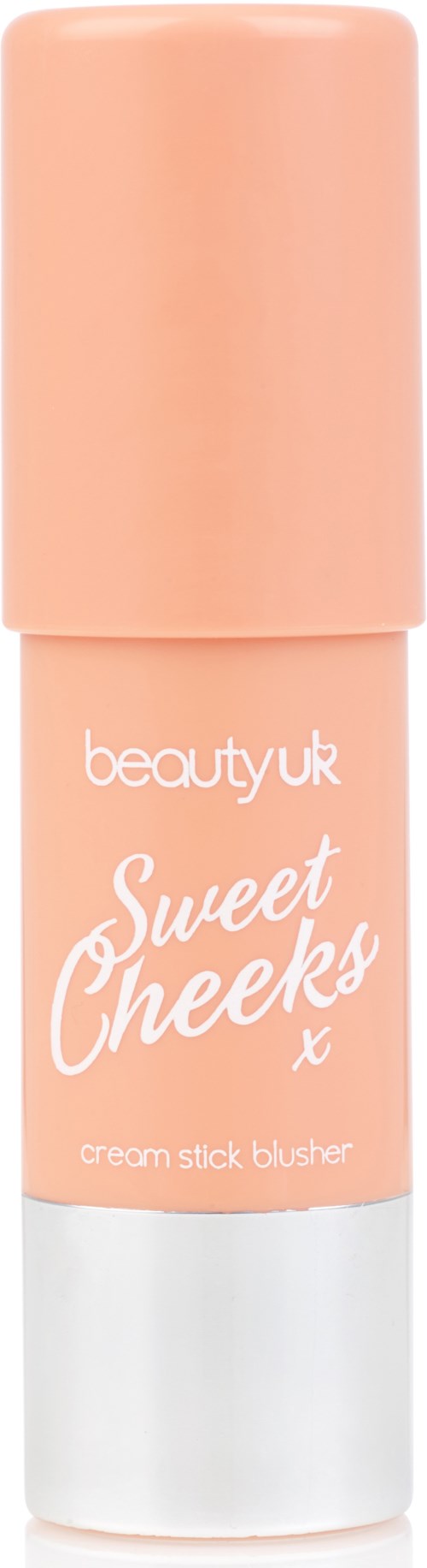 A peach-colored tube of beauty product labeled 'Sweet Cheeks' cream stick blusher. The cap and body are mostly peach, with white text.