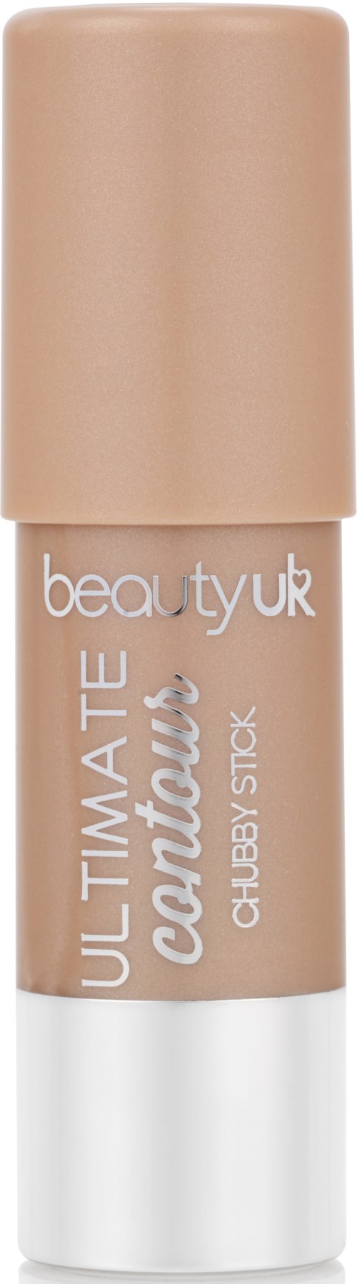 Ett beige läppcerat-stift med vit bas och beige lock, märkt 'beauty uk,' 'ULTIMATE CONTOUR' och 'CHUBBY STICK.'