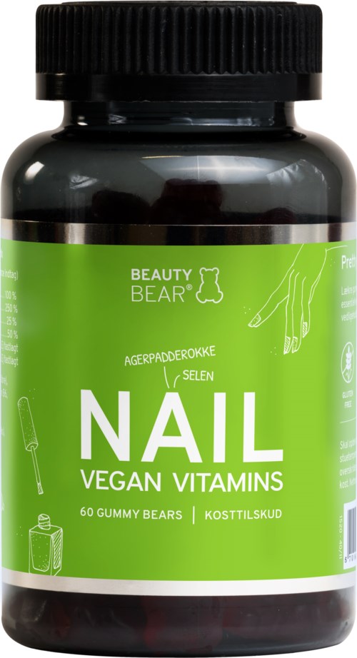 Vegan negle vitaminer i en svart flaske med grønn etikett, viser en hånd og negleillustrasjoner.