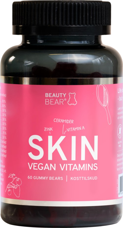 En svart flaska med rosa etikett för veganska hudvitaminer, innehåller 60 gelégodisar, märket är Beauty Bear.