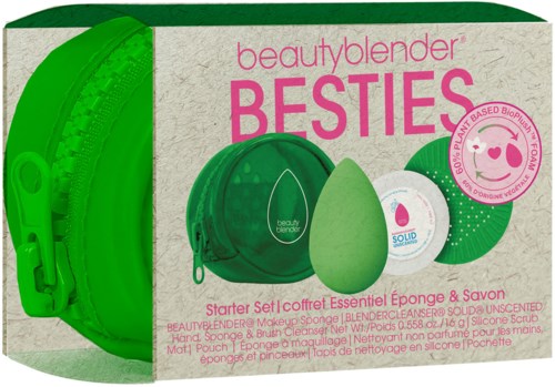 Green makeup sponge, soap, small bag, and other beauty tools in a box labeled 'Besties' for beginners.