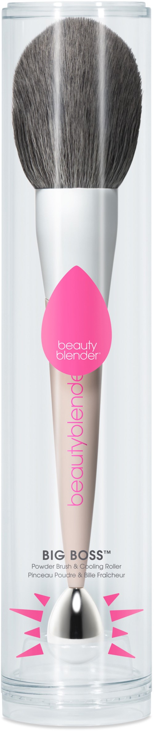 En makeuppensel i ett genomskinligt fall med rosa och vita märken, märkt "Beauty Blender" och "Big Boss."