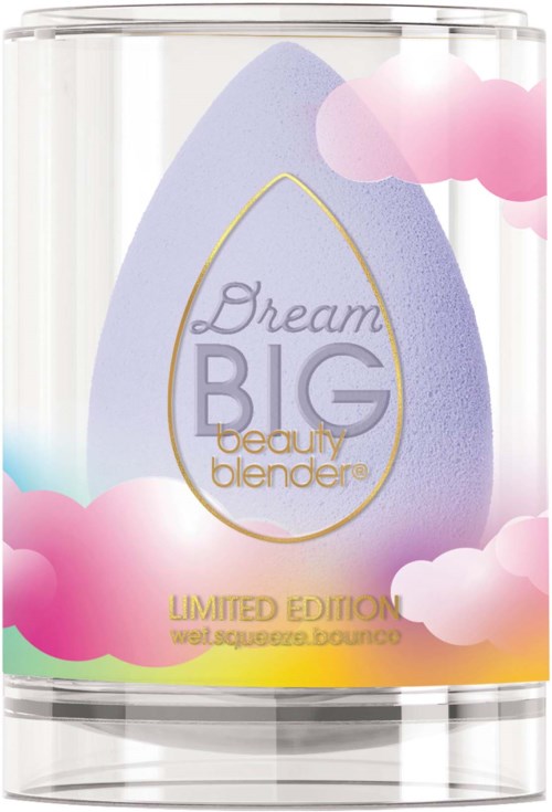 A beauty blender with pink clouds, a blue sponge, and gold text saying "Dream BIG" and "Limited Edition."