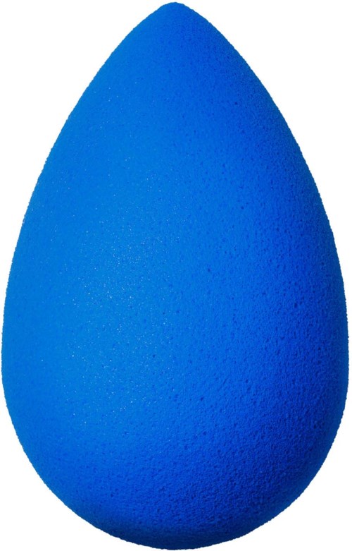 Een blauwe make-upspons met druppelvorm en een getextureerd oppervlak.