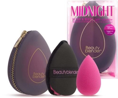 Beauty blender sminksvamper i svart, rosa og lilla, med eske og svart tilfelle. Små, myke og runde former.