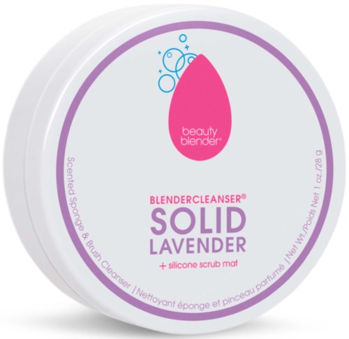 En rund behållare med lavendel-färgad etikett visar att den är en tvål- och borstrengöring med lavendel doft.