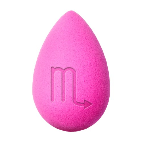En rosa makeupsvamp med Virgo-symbolen på.