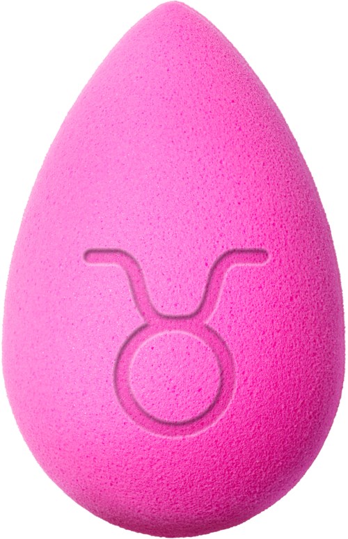 Rosa sminksvamp med en logo av en tjur, rundad längst ned och spetsig upptill.