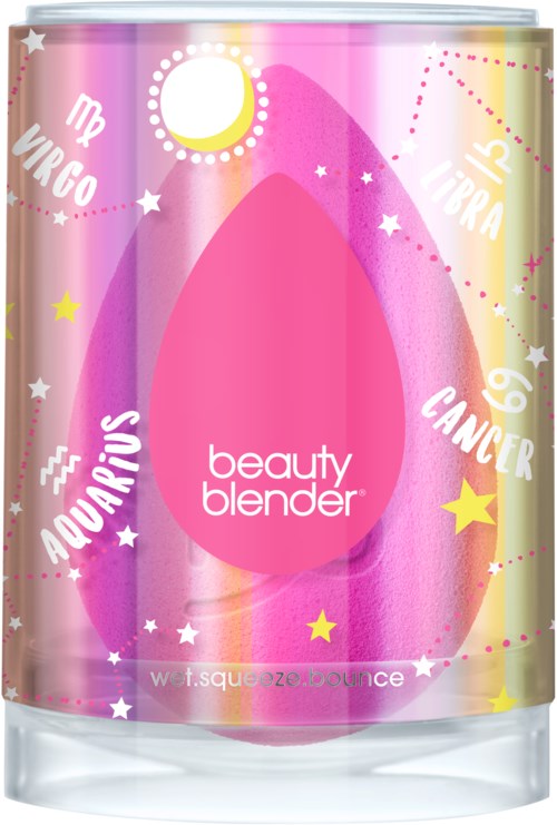 Färgglad design med zodiactecken och stjärnor, med en rosa makeup-svamp kallad 'beauty blender' och 'w.t. squaez bounce.'