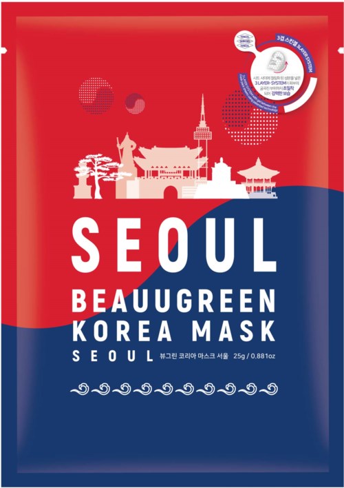 A facial mask package with Seoul landmarks, red and blue colors, and text indicating it's a Beaubreen Korea Mask.