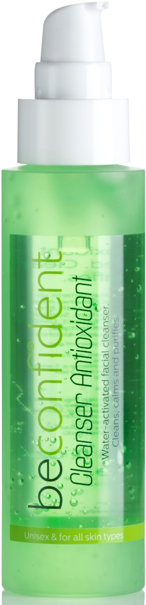 En grön flaska med etiketten 'be.confident' och pump, troligen en ansiktsrengöring för alla hudtyper.